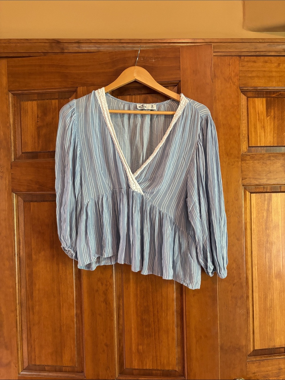 Hollister Blue and White Striped Wrap Peplum Blouse with Cream Lace